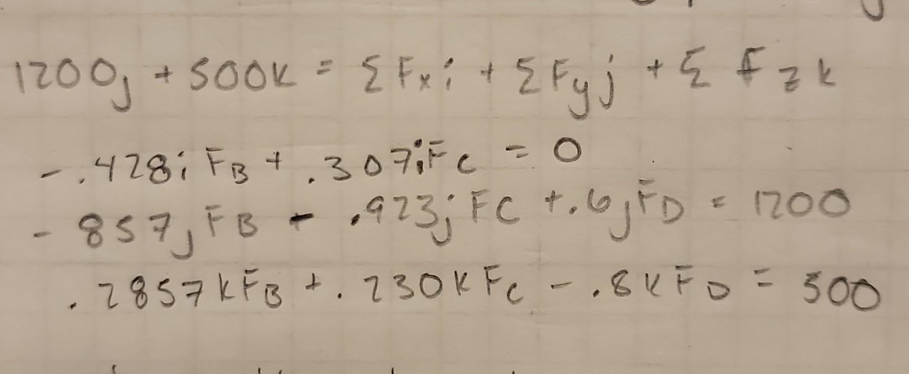 Solved 1200j+500k=∑Fxi+∑Fyj+∑Fzk−.428iFB+.307iFC=0−857jFB−.9 | Chegg.com