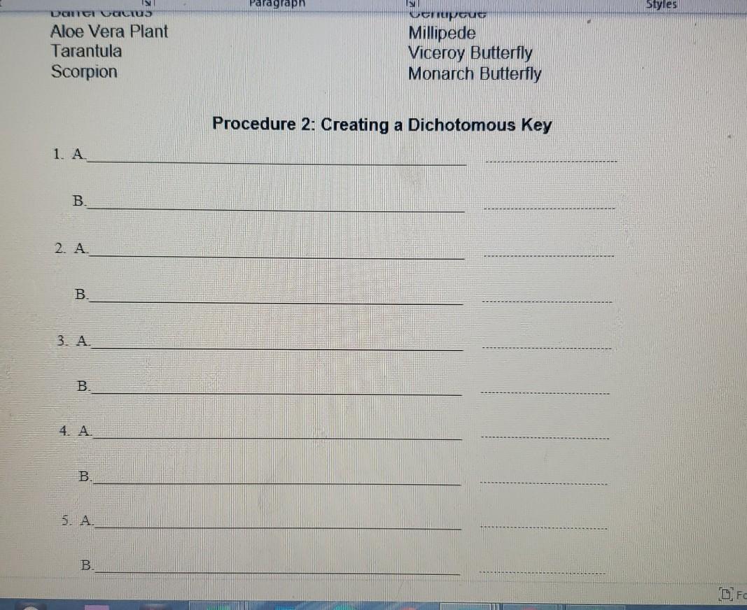 Solved Styles Procedure 2: Creating a Dichotomous Key You | Chegg.com