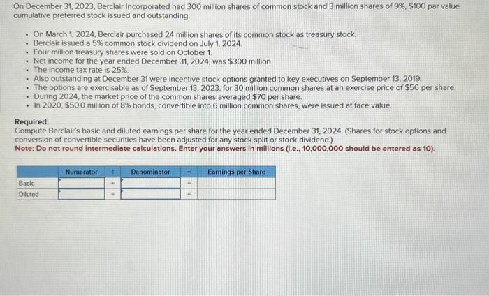 Solved On December 31, 2023, Berclair Incorporated Had 300 | Chegg.com