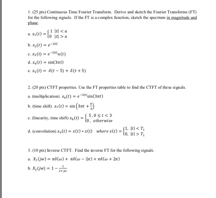 Solved 1. (25 pts) Continuous Time Fourier Transform. Derive | Chegg.com