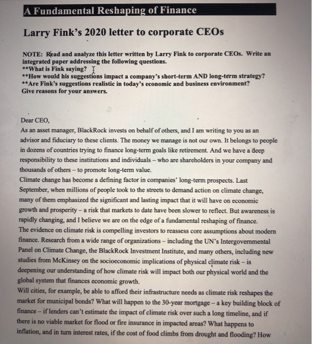Solved A Fundamental Reshaping of Finance Larry Fink's 2020