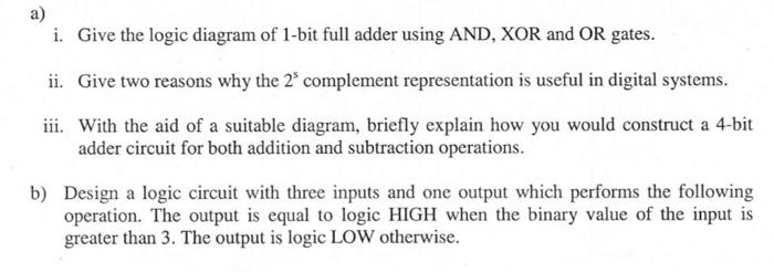 Solved a) i. Give the logic diagram of 1-bit full adder | Chegg.com