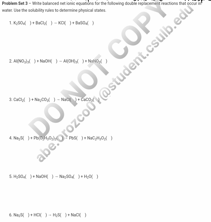 Solved Problem Set 3 - ﻿Write balanced net ionic equations | Chegg.com