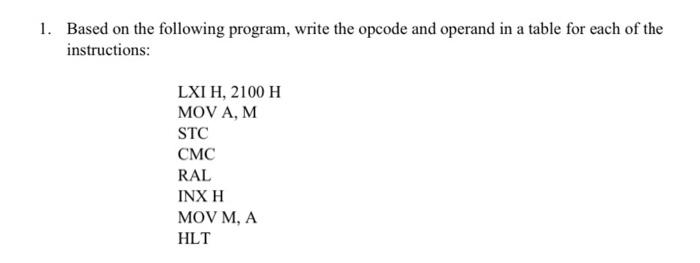 Solved 1. Based on the following program, write the opcode | Chegg.com