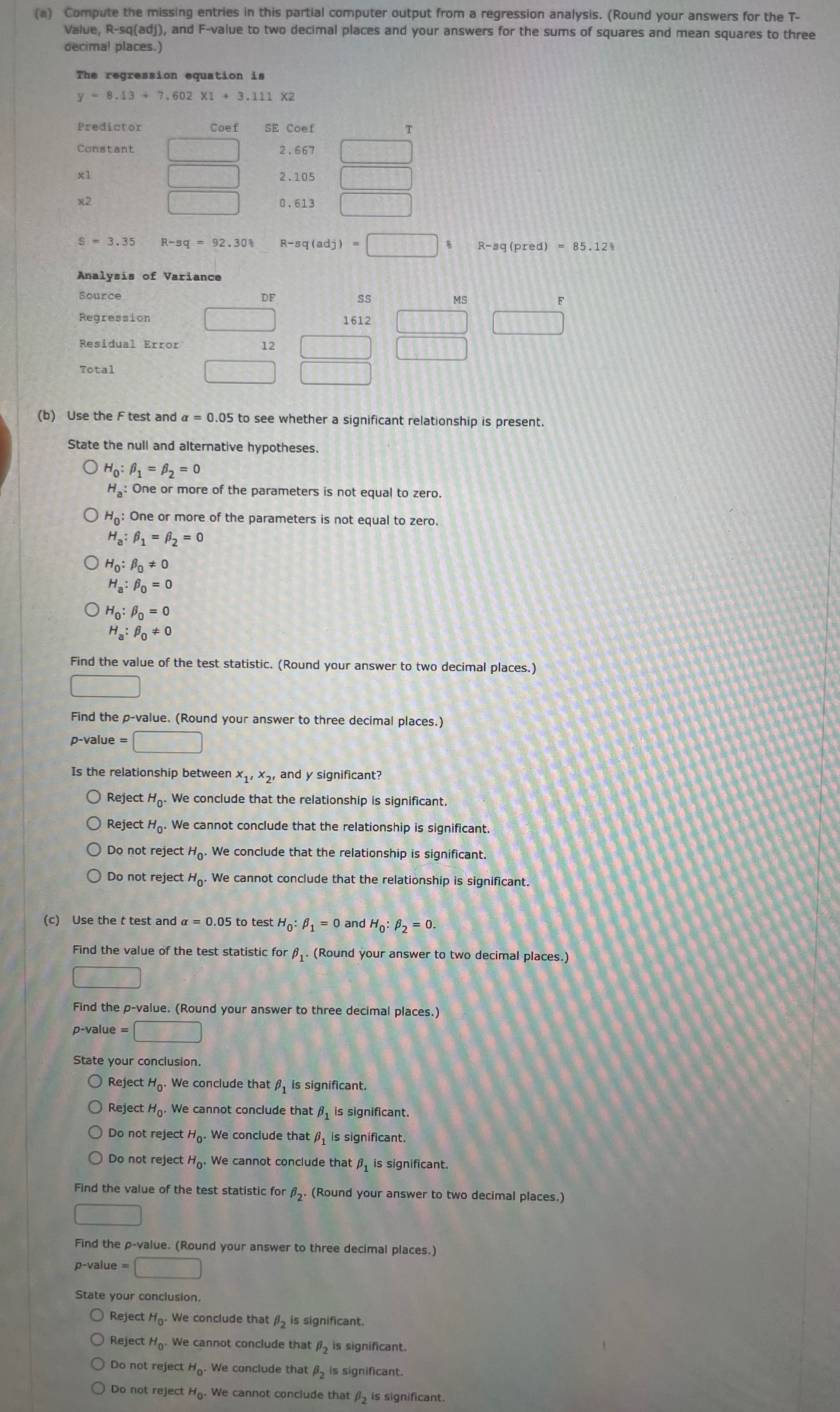 Solved (a) ﻿Compute the missing entries in this partial | Chegg.com