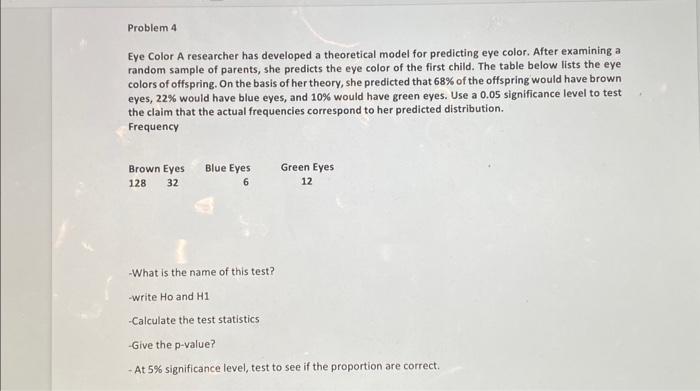 Solved Eye Color A researcher has developed a theoretical | Chegg.com