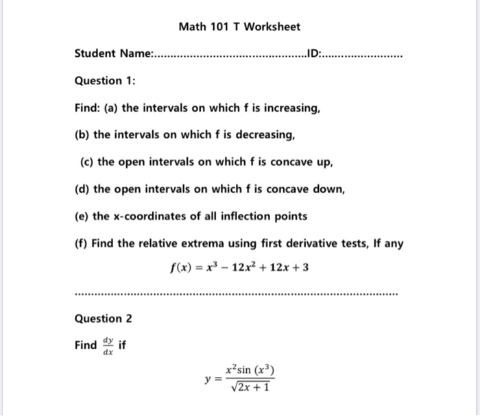 101 Math Worksheet Solved Math 101 T Worksheet Student Name:... | Chegg.com