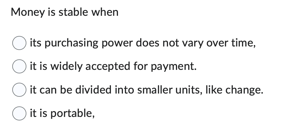 Solved Money is stable when its purchasing power does not | Chegg.com
