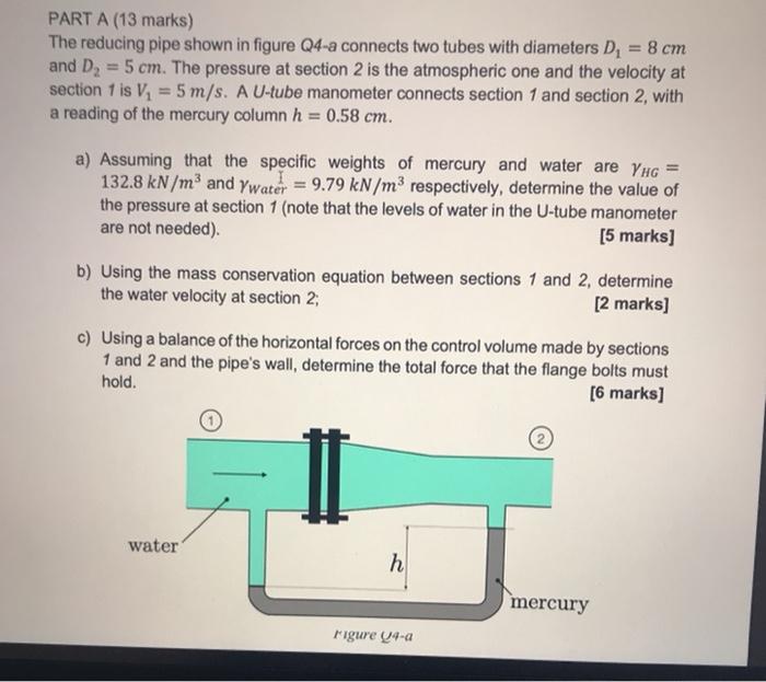 Solved Part A (13 Marks) The Reducing Pipe Shown In Figure 