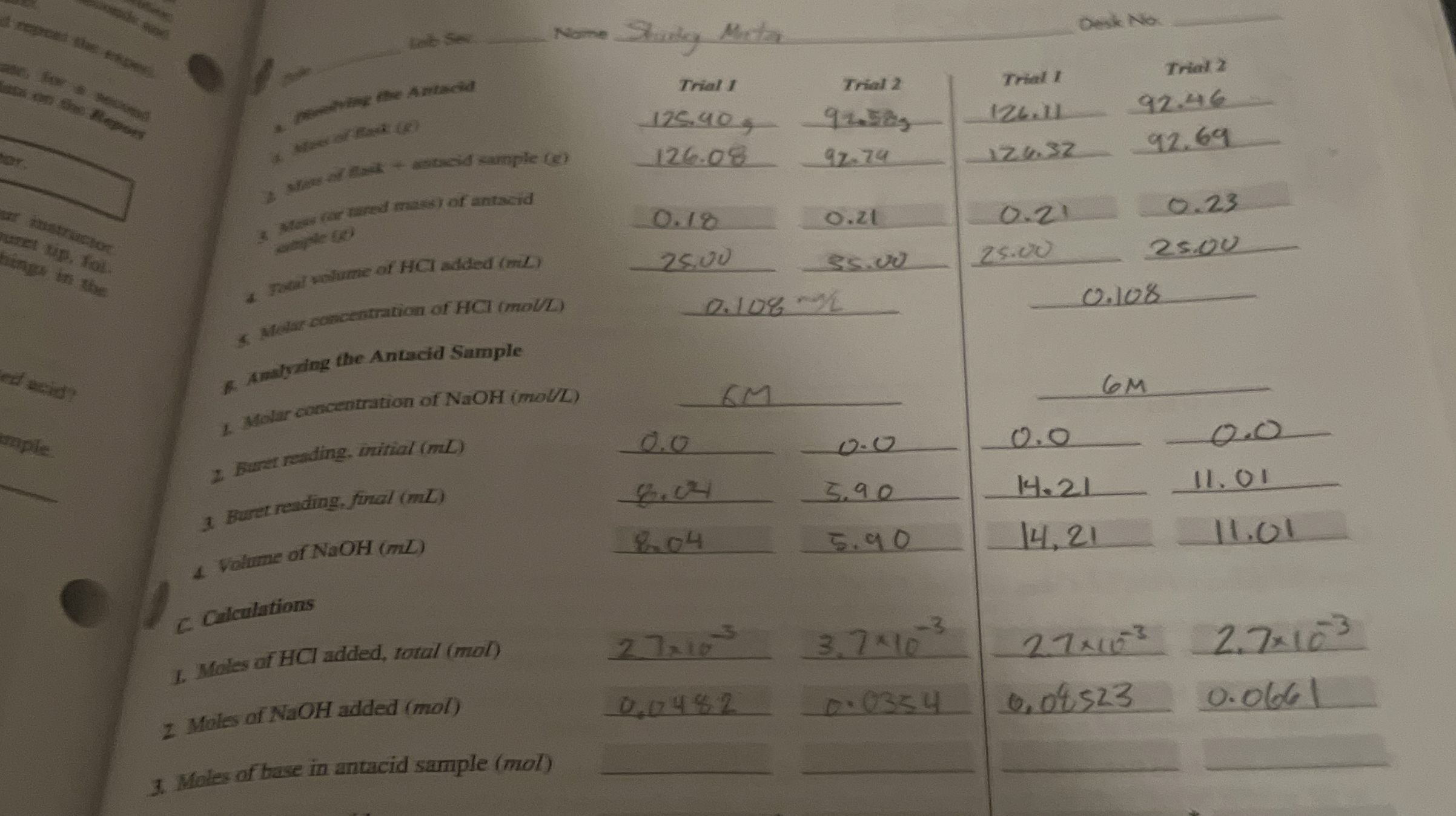 Solved Moles of base in antacid sample