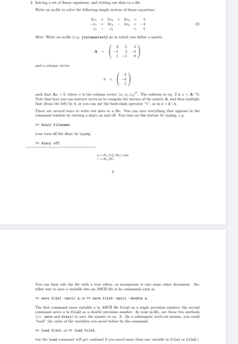 Solved 2. Solving a set of linea equations, and writing out | Chegg.com