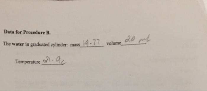 Data for Procedure B. The water in graduated cylinder: mass Temperature 21.9c