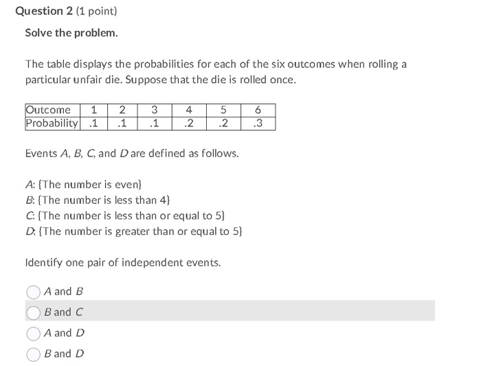 Solved Question 2 (1 point) Solve the problem. The table | Chegg.com