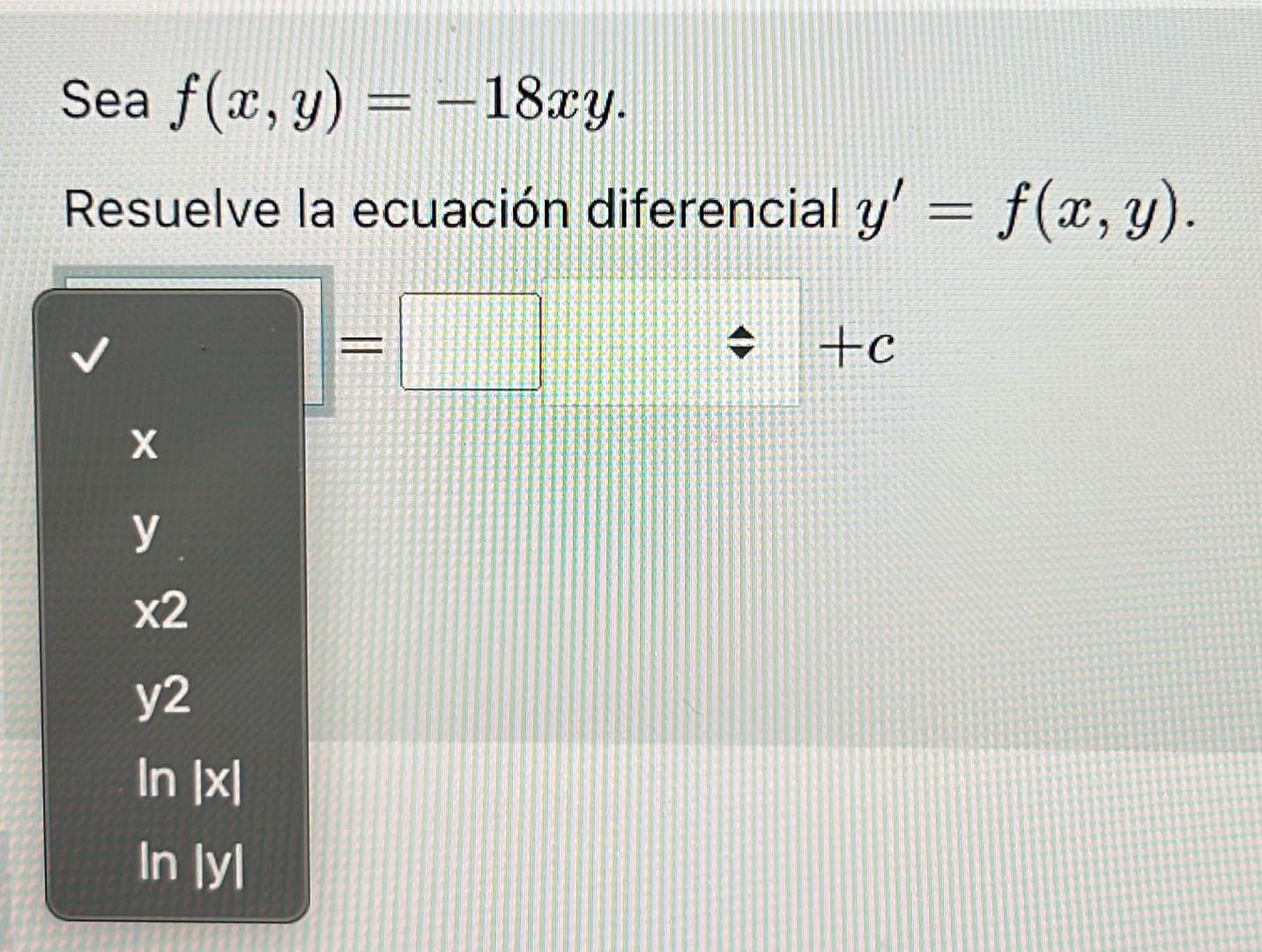 Sea \( f(x, y)=-18 x y \) Resuelve la ecuación diferencial \( y^{\prime}=f(x, y) \).