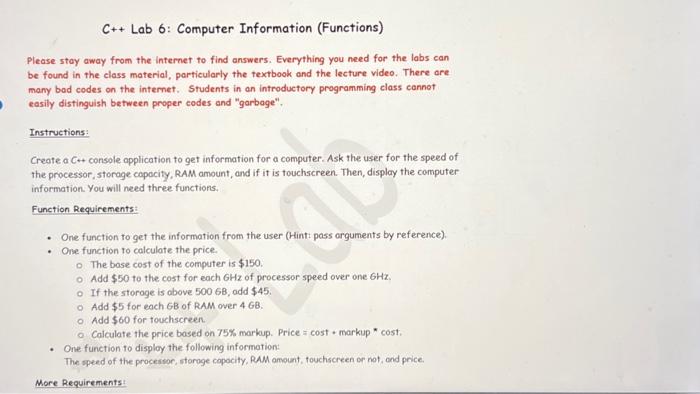 Solved C++Lab 6: Computer Information (Functions) Please | Chegg.com