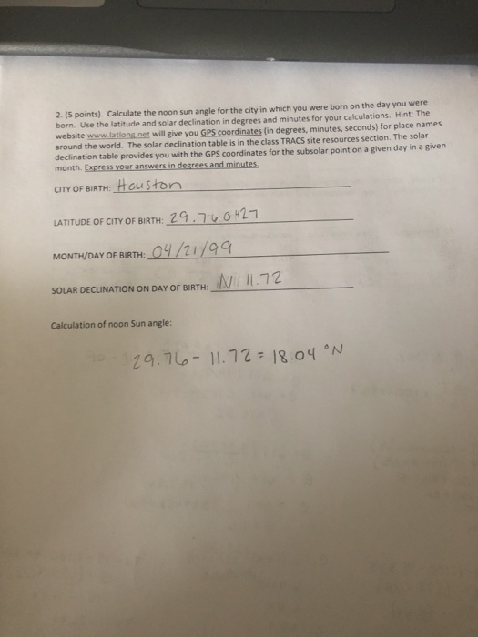 Solved 2. (5 points). Calculate the noon sun angle for the