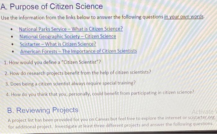 Solved A. Purpose of Citizen Science Use the information 