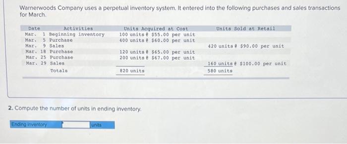 Warnerwoods Company uses a perpetual inventory system. It entered into the following purchases and sales transactions for Mar