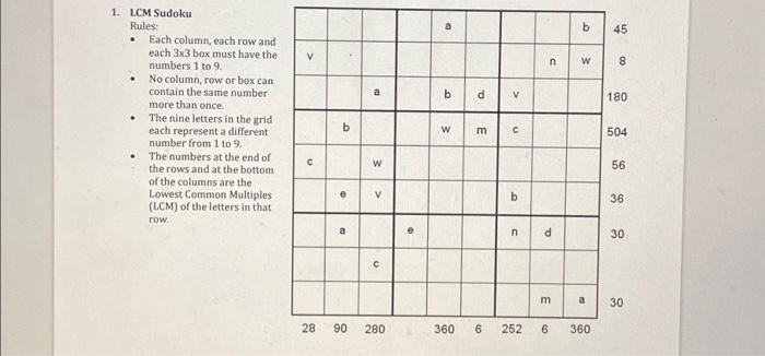 Solved 1. LCM Sudoku Rules: - Each column, each row and each | Chegg.com