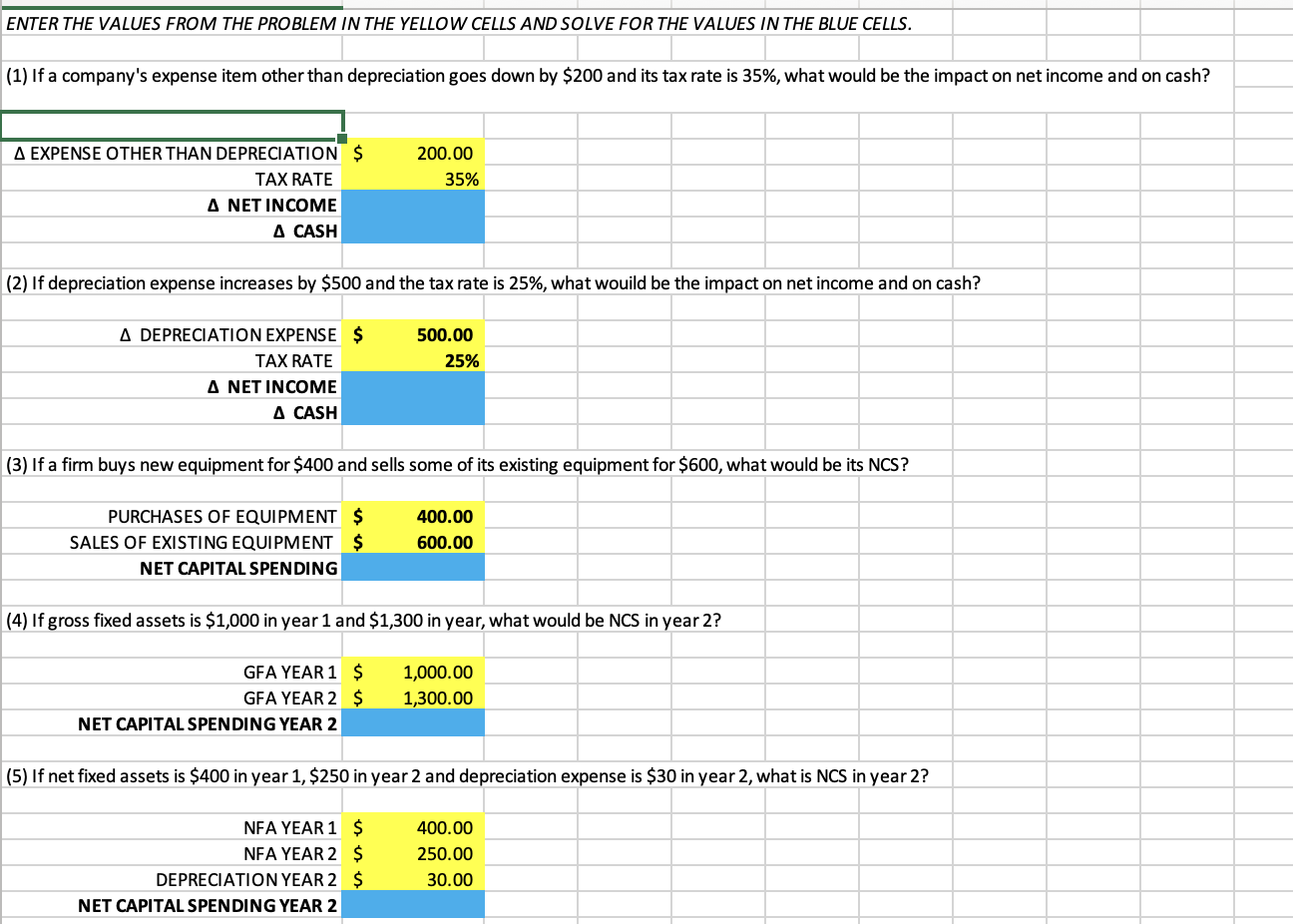 Solved ENTER THE VALUES FROM THE PROBLEM IN THE YELLOW CELLS | Chegg.com