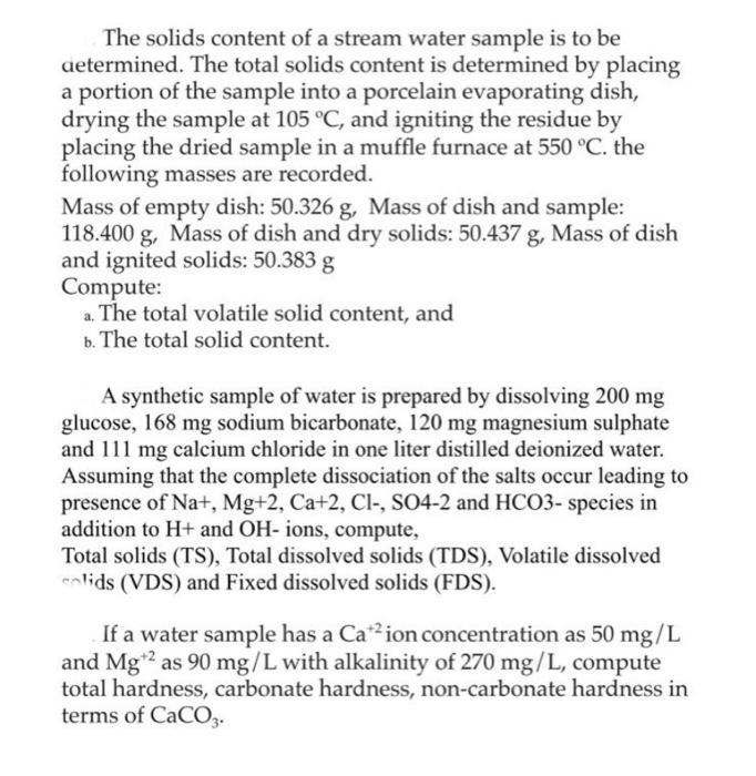 Solved The solids content of a stream water sample is to be | Chegg.com
