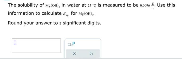 Solved The solubility of Mg(OH)2 in water at 25∘C is | Chegg.com