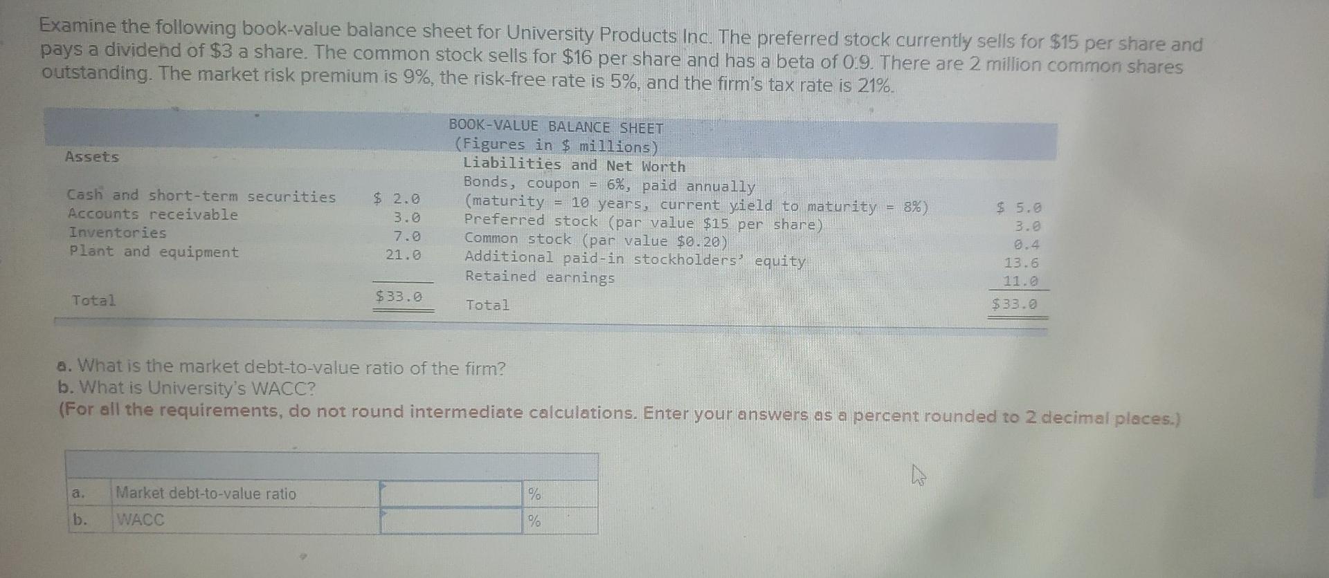 Solved Examine the following book-value balance sheet for | Chegg.com