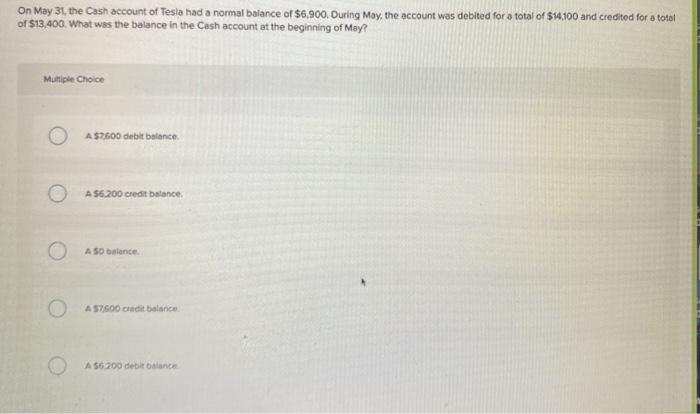 Solved On May 31 The Cash Account Of Tesla Had A Normal Chegg