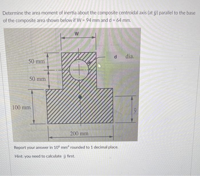 Determine the area moment of inertia about the composite centroidal axis (at \( \bar{y} \) ) parallel to the base of the comp