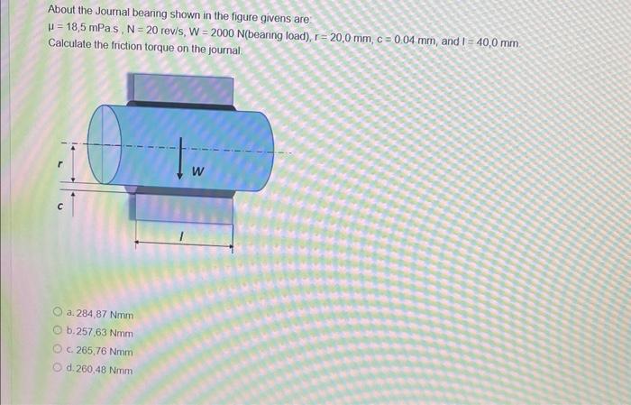 Solved About the Journal bearing shown in the figure givens | Chegg.com