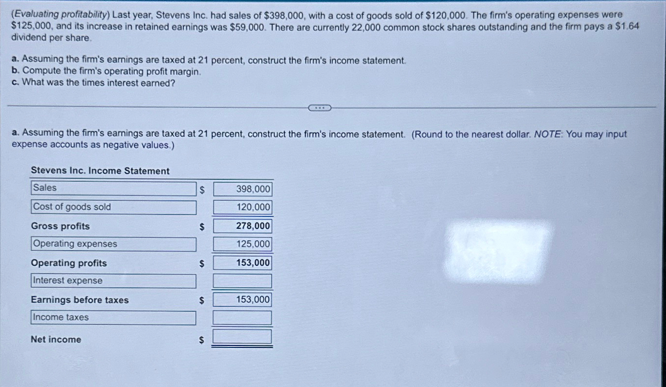 Solved (Evaluating profitability) ﻿Last year, Stevens Inc. | Chegg.com