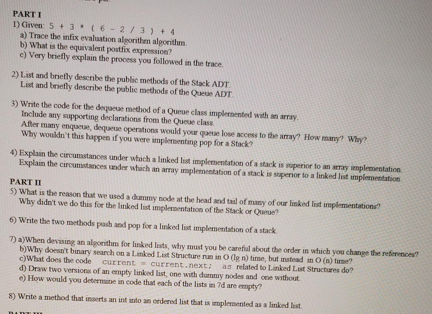 Solved PART I 1) Given: 5 + 3 * (62/3) + 4 a) Trace the | Chegg.com