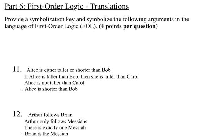 Part 6: First-Order Logic - Translations Provide a | Chegg.com