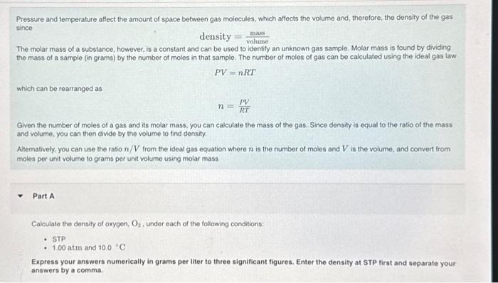 Solved density = volume mass The molar mass of a | Chegg.com