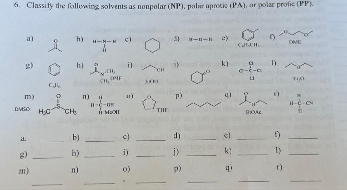 Solved 6. Classify the following solvents as nonpolar (NP), | Chegg.com