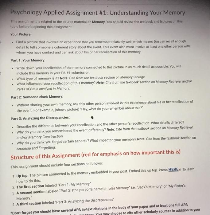memory assignment psychology