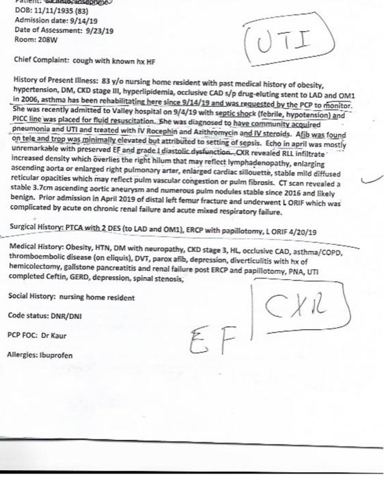 TUTI 프 DOB: 11/11/1935 (83) Admission date: 9/14/19 Date of Assessment: 9/23/19 Room: 208W Chief Complaint: cough with known
