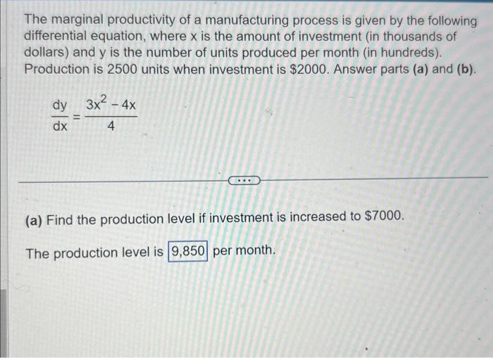 Solved The marginal productivity of a manufacturing process | Chegg.com