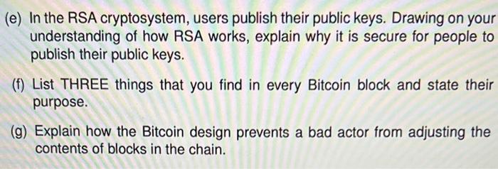 Solved (e) In the RSA cryptosystem, users publish their | Chegg.com