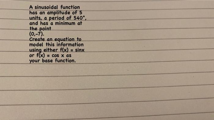 Solved A sinusoidal function has an amplitude of 5 units, a | Chegg.com