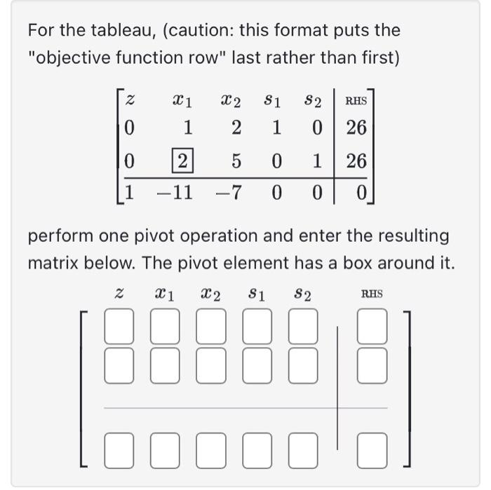 Solved For the tableau, (caution: this format puts the | Chegg.com