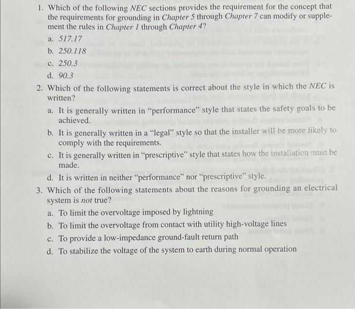 Solved 1. Which Of The Following NEC Sections Provides The | Chegg.com