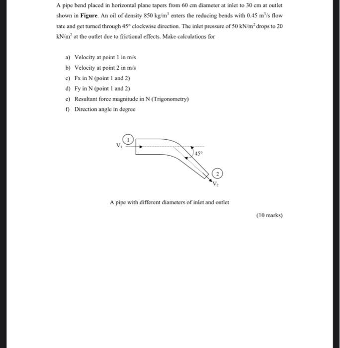 Solved A pipe bend placed in horizontal plane tapers from 60 | Chegg.com