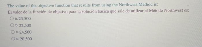 The value of the objective function that results from using the Northwest Method is: El valor de la función de objetivo para