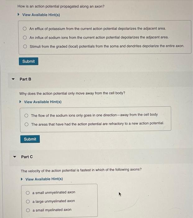 How is an action potential propagated along an axon?
View Available Hint(s)
An efflux of potassium from the current action po