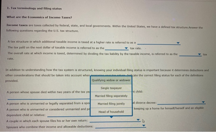 Solved 1. Tax terminology and filing status What are the | Chegg.com