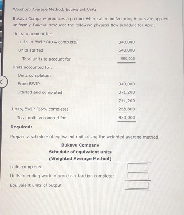Weighted Average Method, Equivalent Units
Bukavu Company produces a product where all manufacturing inputs are applied unifor