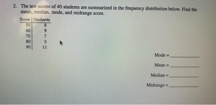 Solved 2. The test scores of 40 students are summarized in | Chegg.com