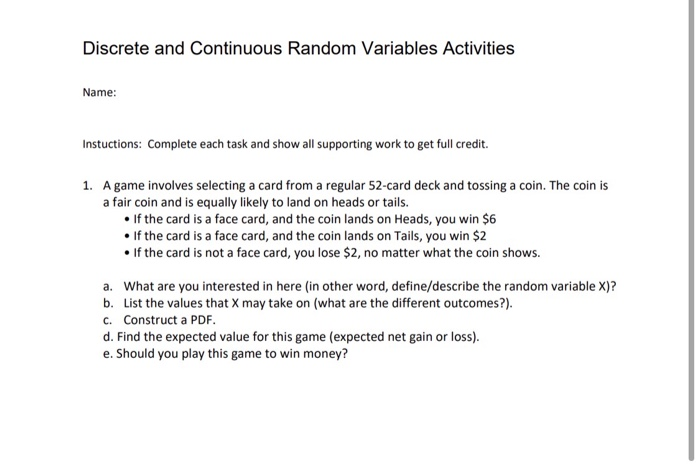 Solved Discrete and Continuous Random Variables Activities | Chegg.com