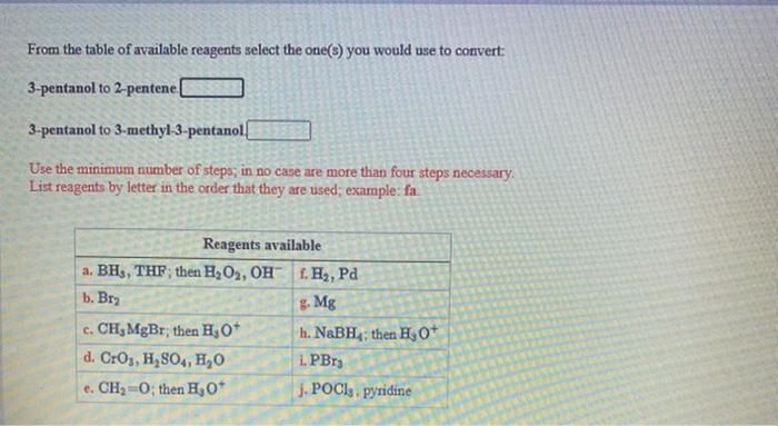 Solved From the table of available reagents select the